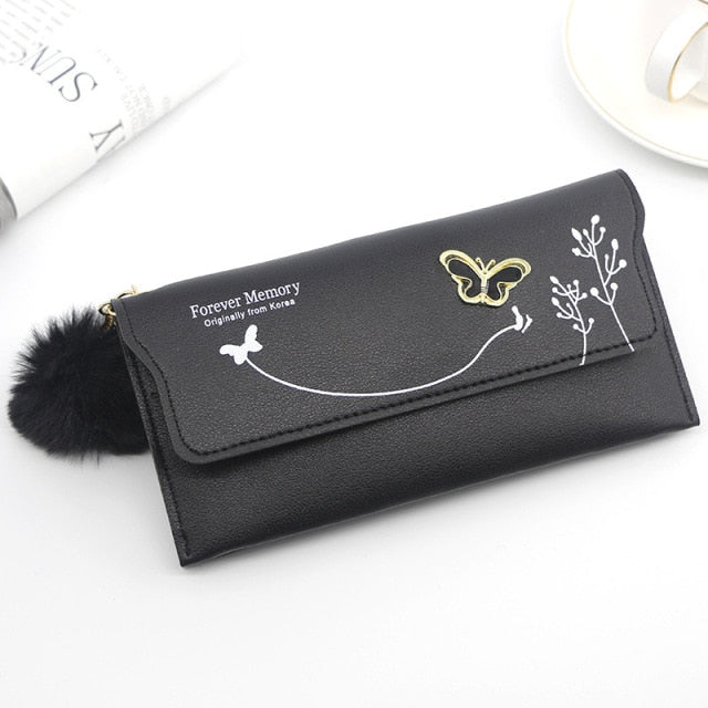 Fashionable New Women Long Wallets Pure Color Wool Ball Bow Clutch Bag Women&#39;s Long Bag Card Bag Coin Purse