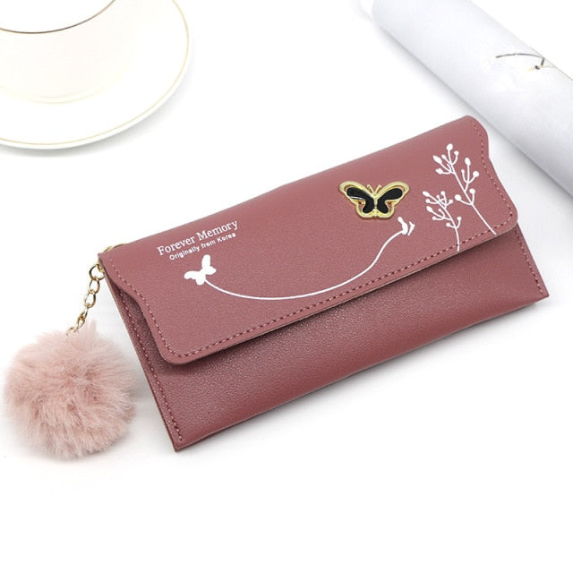 Fashionable New Women Long Wallets Pure Color Wool Ball Bow Clutch Bag Women&#39;s Long Bag Card Bag Coin Purse