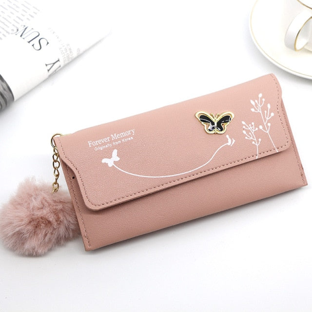 Fashionable New Women Long Wallets Pure Color Wool Ball Bow Clutch Bag Women&#39;s Long Bag Card Bag Coin Purse