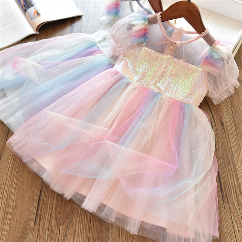 Girls Short Sleeve Dress Sequined Party Costume Fairy Summer Puffy Dress Rainbow Children Clothing