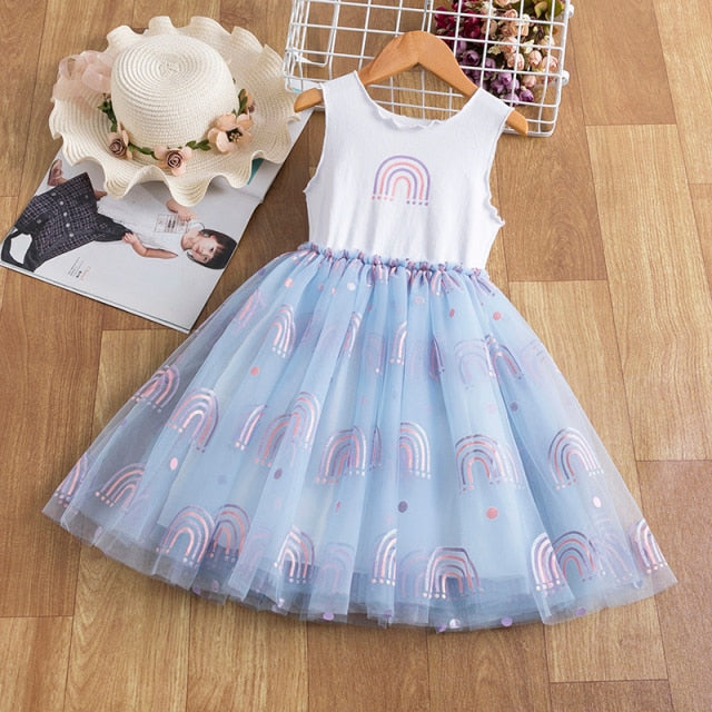 Girls Short Sleeve Dress Sequined Party Costume Fairy Summer Puffy Dress Rainbow Children Clothing