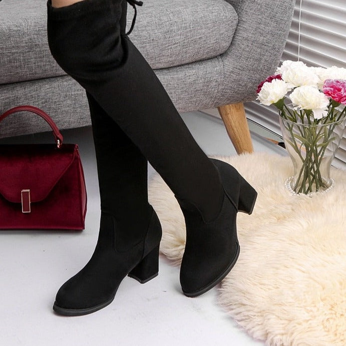 Women Boots Winter Over The Knee Heels Suede Long Comfort Square Thigh High Boots
