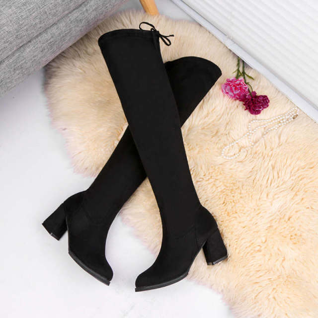 Women Boots Winter Over The Knee Heels Suede Long Comfort Square Thigh High Boots