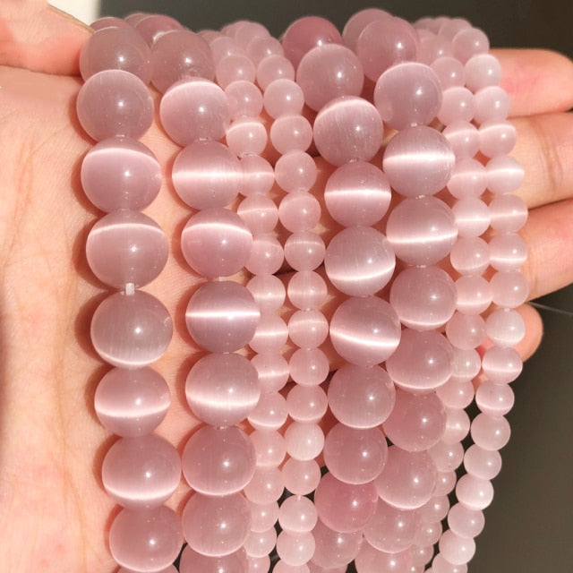 Natural Stone Pink White Moonstone Cat Eye Beads For Jewelry Making Smooth Loose Spacer Beads Opal Diy Charm Bracelets Necklace