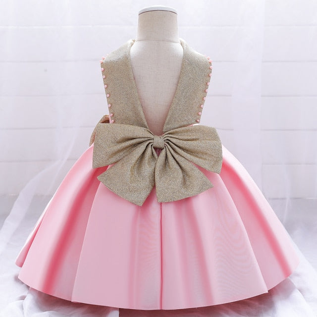 White Wedding Satin Princess Baby Girls Dress Bow 1st Birthday Evening Party Infant Christening Dress for Girl Gala Kid Clothes