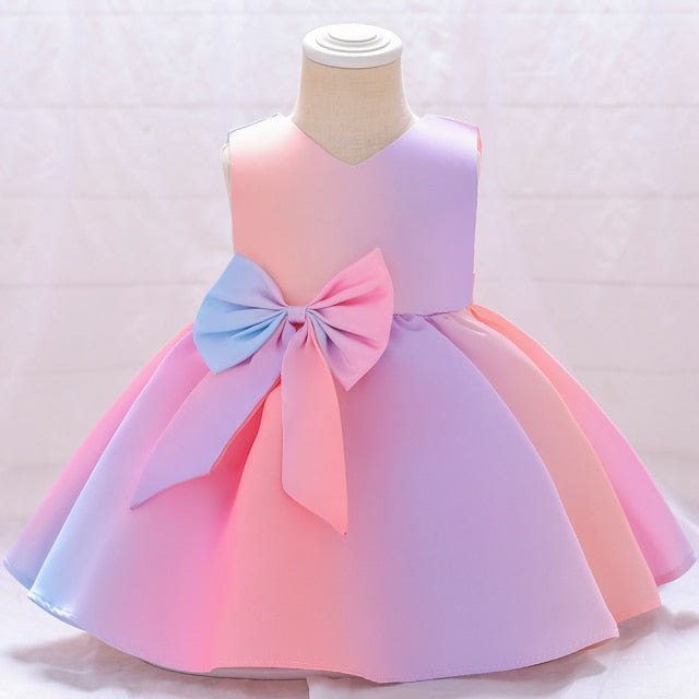 White Wedding Satin Princess Baby Girls Dress Bow 1st Birthday Evening Party Infant Christening Dress for Girl Gala Kid Clothes