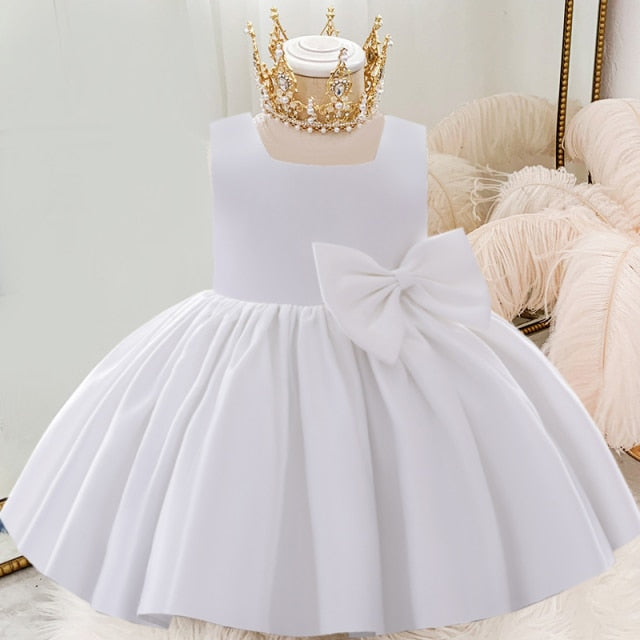 White Wedding Satin Princess Baby Girls Dress Bow 1st Birthday Evening