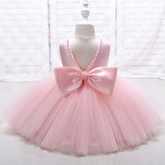 Tiered Layers Tulle Dress Girl Gown Pearls Necklace V Back Design Flower Girl Wedding Clothes for Children Casual