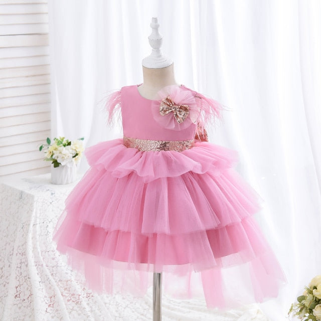 Tiered Layers Tulle Dress Girl Gown Pearls Necklace V Back Design Flower Girl Wedding Clothes for Children Casual