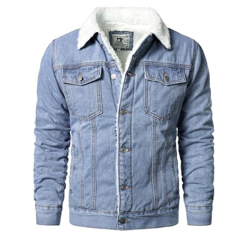 Men Denim Jackets Winter Fleece Blue Jeans Coats Warm Casual Coats Solid Classic Denim Jackets 6XL