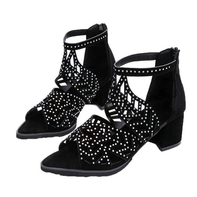Women Summer Hollow Out Faux Leather Rhinestones Thick Heel Zipper Sandals Shoes Eur