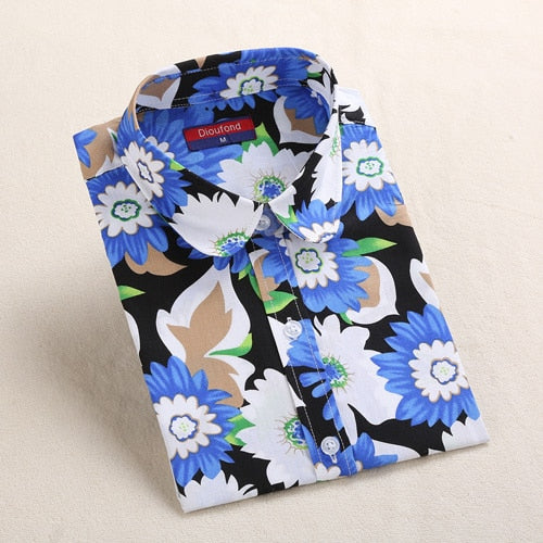 Flower Print Blouses Ladies Vintage Womens Tops And Blouse Long Sleeve Turn-down Collar Button Shirt