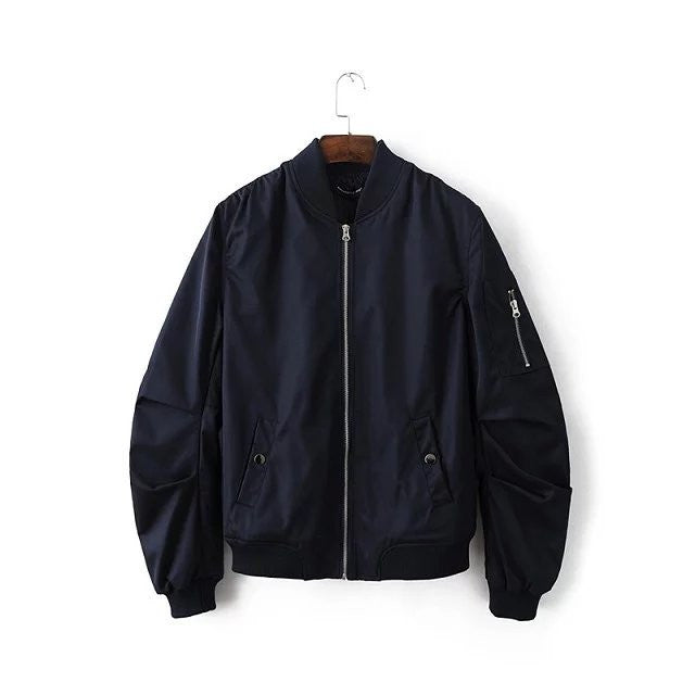 Online discount shop Australia - Mens Solid Flight Black Bomber Jacket Men's Rib Sleeve Zipper Short Air Force Baseball Coats Clothing