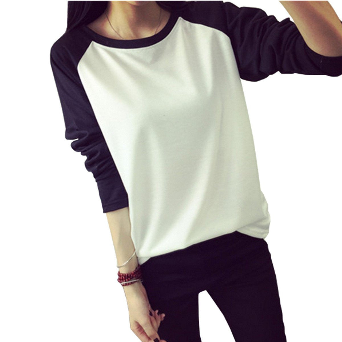 Online discount shop Australia - Fall Korean Style Women T-shirt Sweatshirt Raglan Long Sleeve Patchwork Loose  Tee Tops  Plus Size M-XXL