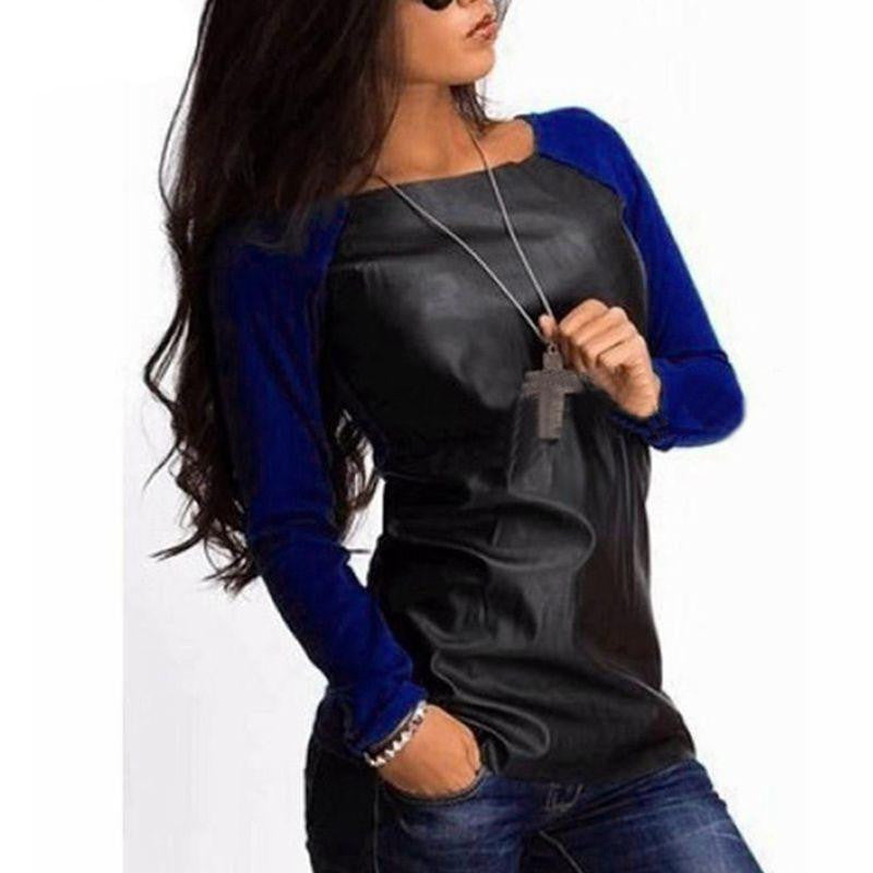 Women Shirts Long Sleeve PU Leather Patchwork Blouses Fashion Casual Loose Tops Plus Size