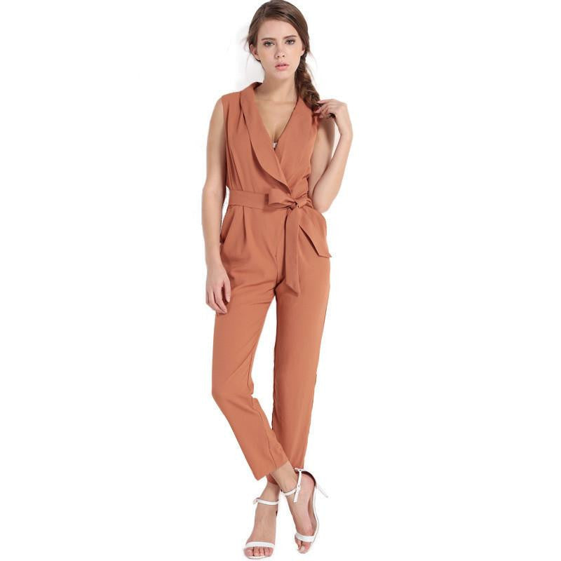 v-neck tie sleeveless office lady rompers fashion long jumpsuits for Jumsuit Romper