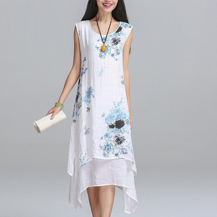 Summer dress Fashion sleeveless women dress casual cotton Linen dress Printed o-neck plus size vestidos de festa