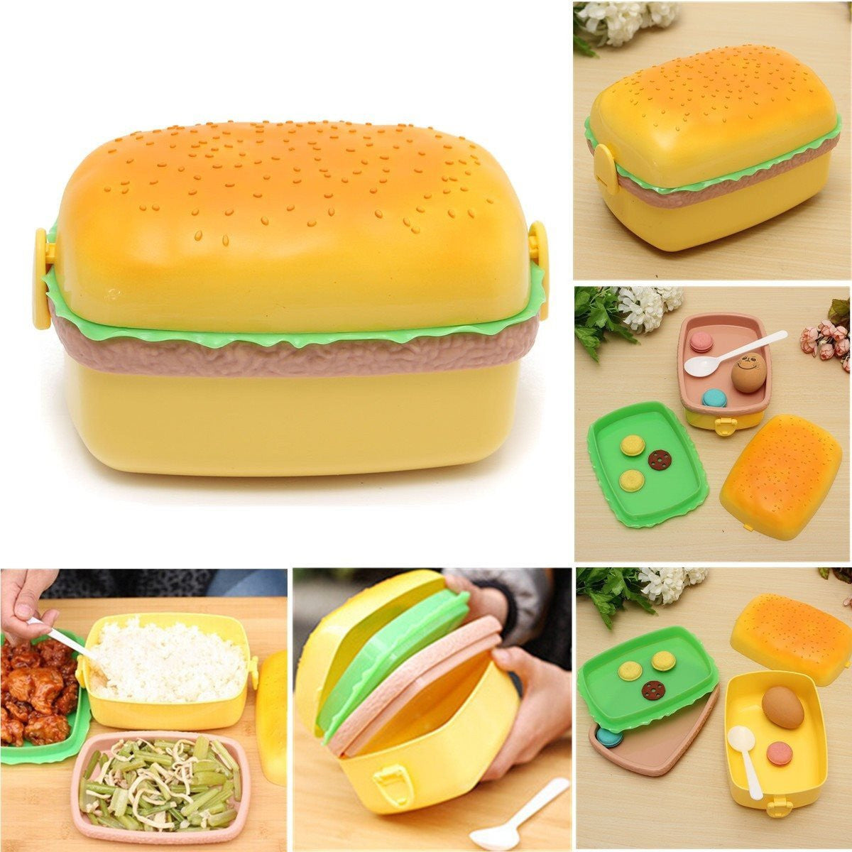 700ML Huge Hamburger Novelty for BigMac Portable Lunch Box Food Picnic Container Storage+Spoon Children Kid Favorite