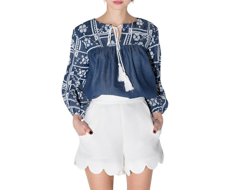 Online discount shop Australia - Fashion Womens Blue Pattern Long Sleeve Drawstring Top Shirts Loose Denim Tie Front Blouses