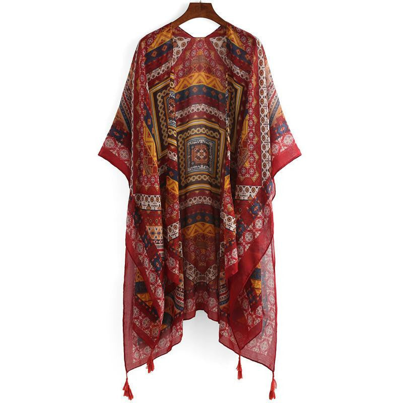 Vintage Women Beach Kimonos Style Multicolor Half Sleeve Tribal Print Tassel Trimmed Kimono