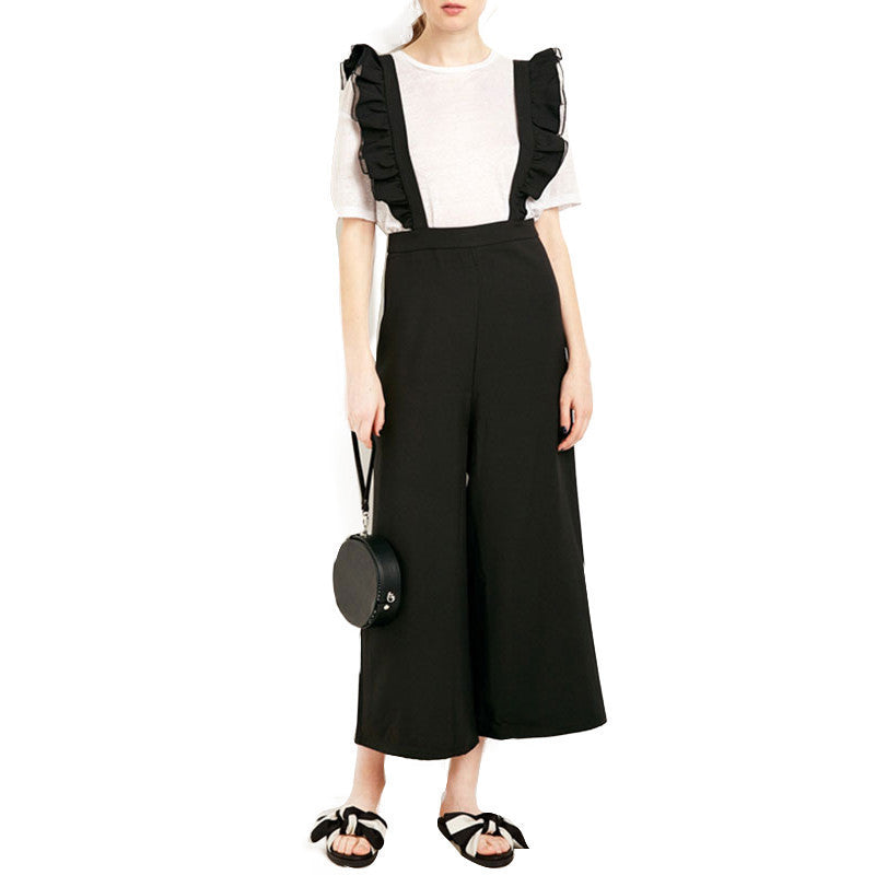 Online discount shop Australia - Fashion Womens Solid Black Ruffle Patchwork Casual Jumpsuit Sleeveless Wide Leg Rompers Overalls