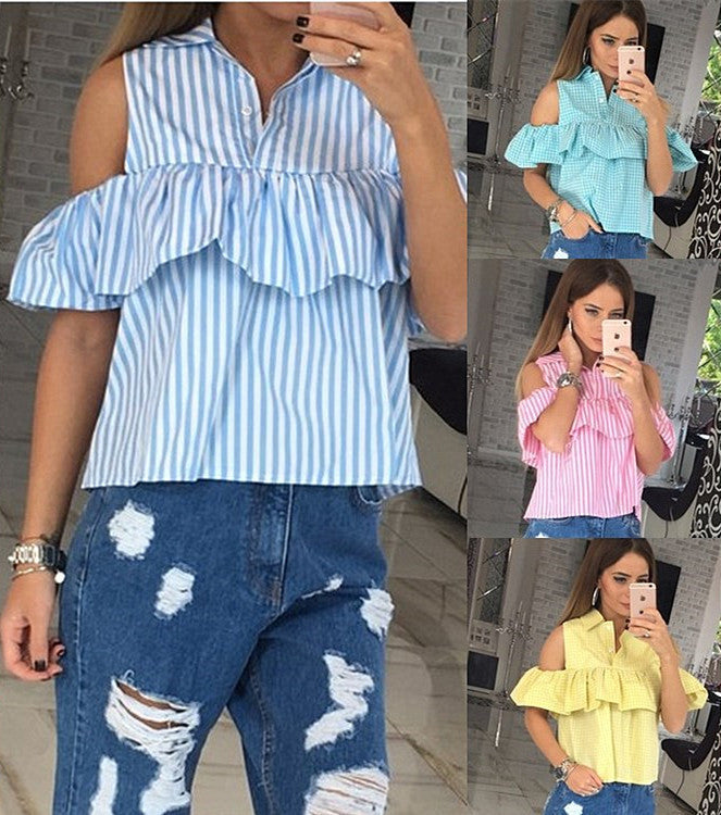 Online discount shop Australia - Fashion Cold Shoulder Striped Shirts Casual Flounces Turn-Down Collar Plaid Shirt Tops For Women Ladies LX167