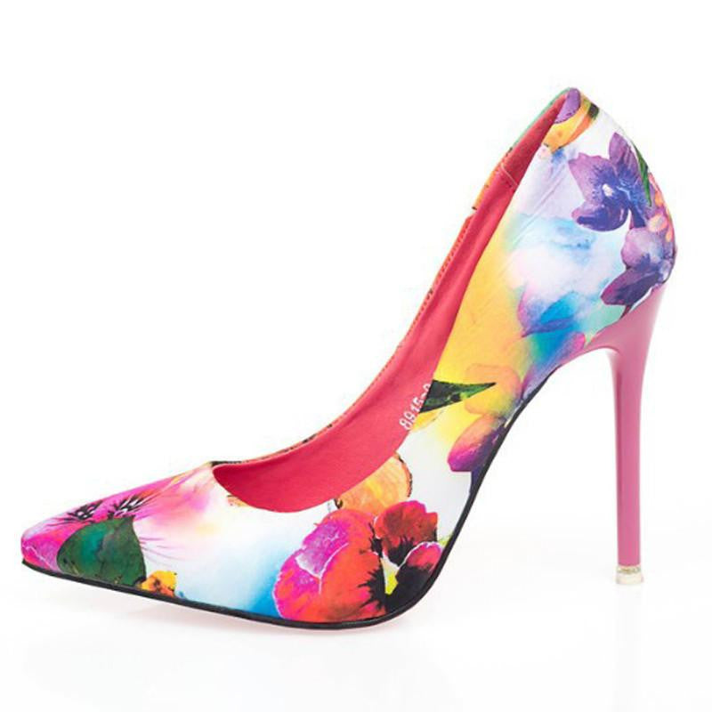 Women satin thin high heels printing flowers classic high pointed toe women pumps women shoes