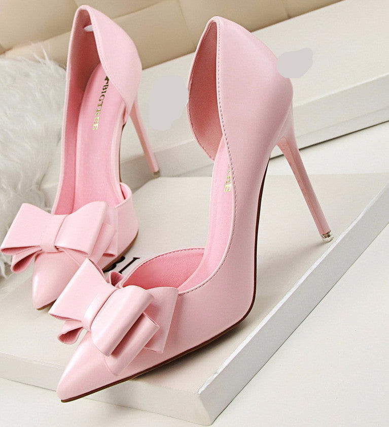Women Pumps Sweet Bowknot High-heeled Shoes Thin Pink High Heel Shoes Hollow Pointed Stiletto Elegant G3168-2