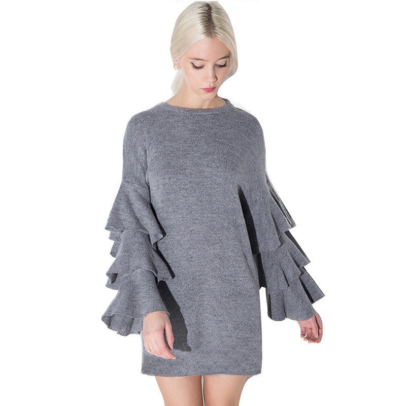 Ruffle Layer Sleeves Lady Short Dress Brand Fashion Design O Neck Grey Dress