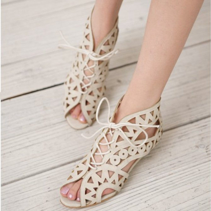 Online discount shop Australia - Big Size 31-43 Fashion Cut Outs Lace Up Women Sandals Open Toe Low Shoes Beach shoes women AA516