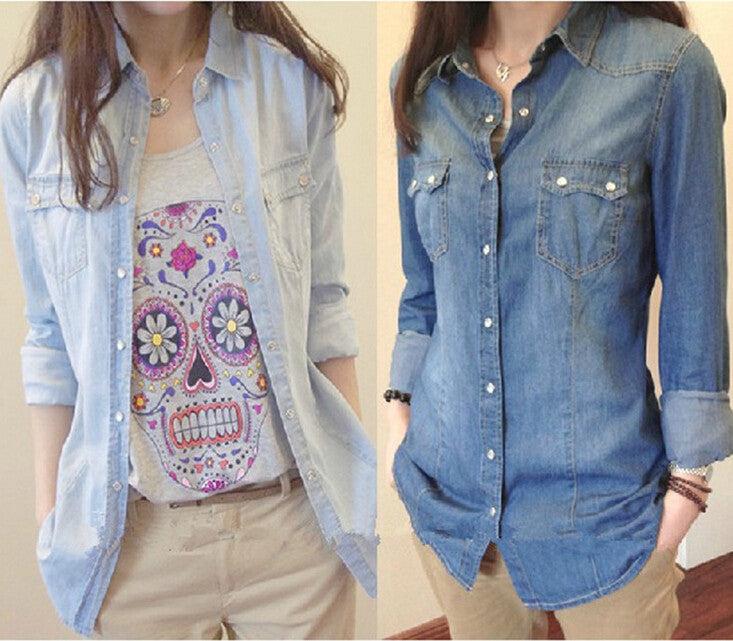 European style women denim blouse slim shirt lady's elegant blouse fashion denim blouse B-2028