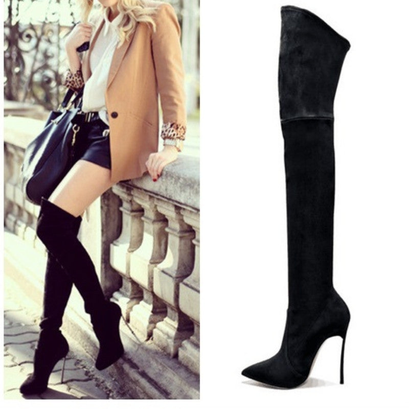 Women Boots Stretch Faux Suede Slim Thigh High Boots Fashion Over the Knee Boots High Heels Shoes Woman