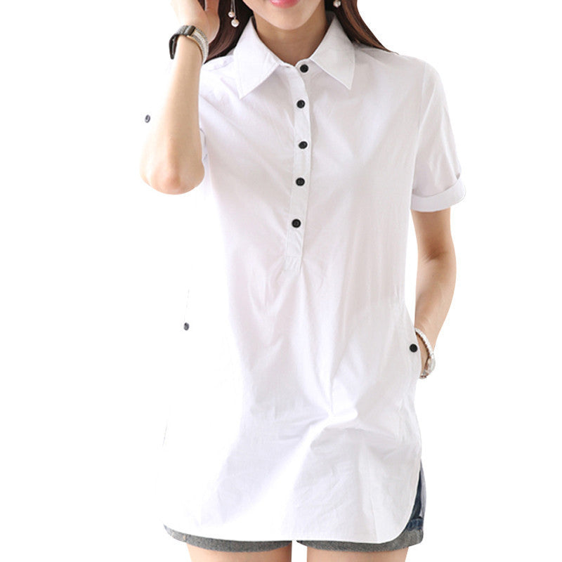 Lady Cotton Shirts Size S-3XL White Color Short Sleeve Women Long Length Blouse With Pocket