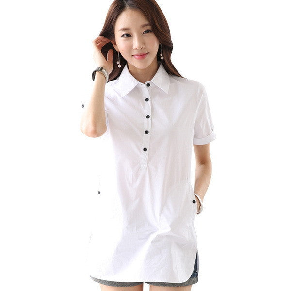 Lady Cotton Shirts Size S-3XL White Color Short Sleeve Women Long Length Blouse With Pocket