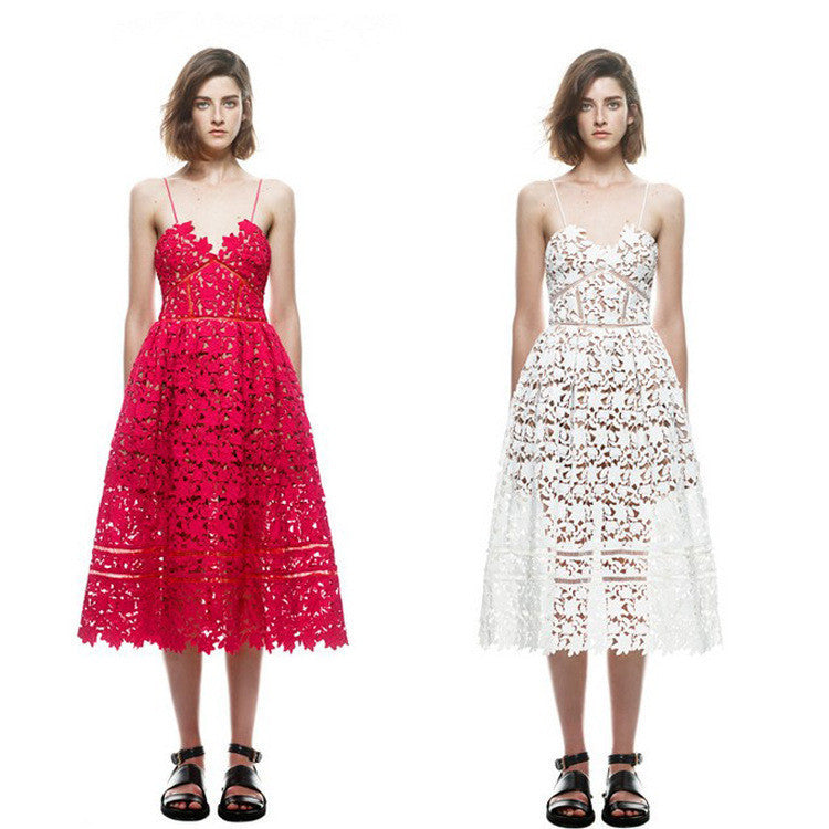 Online discount shop Australia - Handmade White/Red Sexy Deep V-neck Flower Lace Dress Runway Elegant Dresses Hollow Out Long Dress Shoulder-Straps