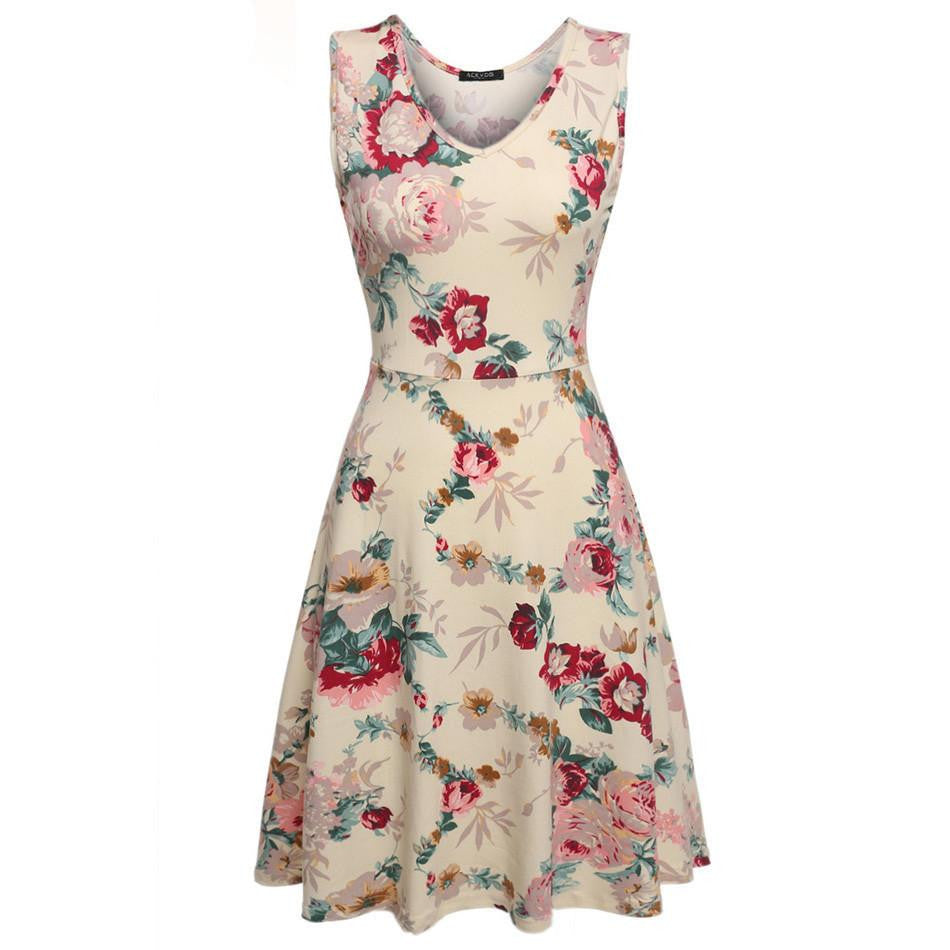Summer dress Women 1950s Lady Elegant Print Casual Floral Sleeveless Dress Sundress