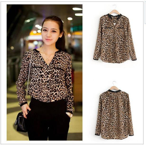 Women Blouse Leopard Print Shirt Long sleeve V -Neck Top Loose Blouses Plus Size Chiffon Shirt Clothing