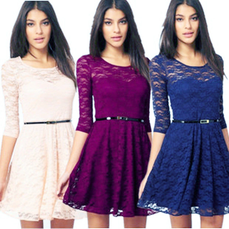 Online discount shop Australia - New arrive Sexy Spoon Neck 3/4 Sleeve Belt Include Lace colorful Sakter Dress, WL2189