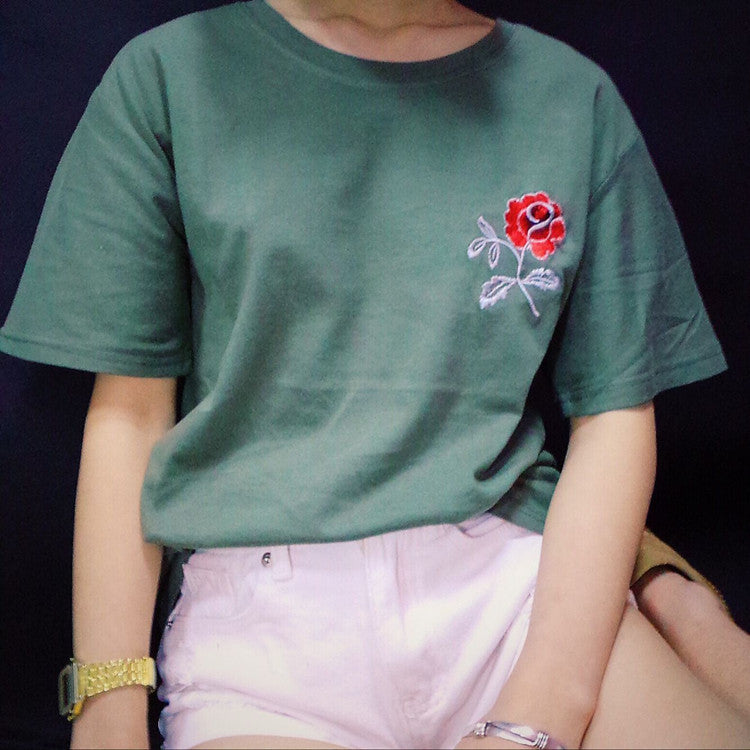 Army Green Embroidered Flower Rose Halajaku Casual Short Sleeve Female T-shirt