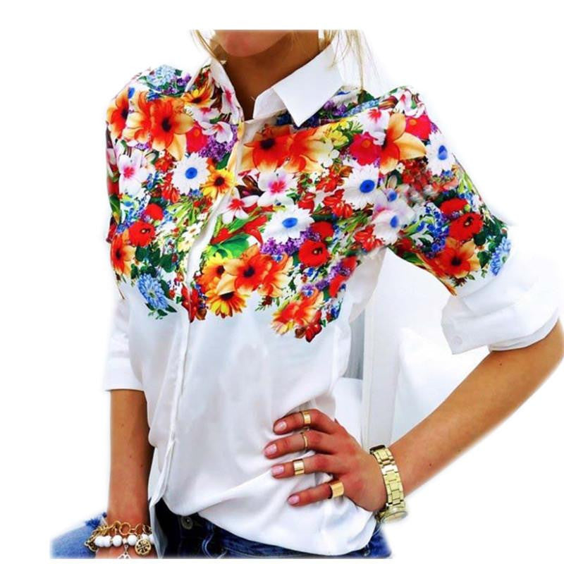 Women Chiffon T Shirts Print Floral White Turn-Down Collar Full Sleeve Casual OL Style