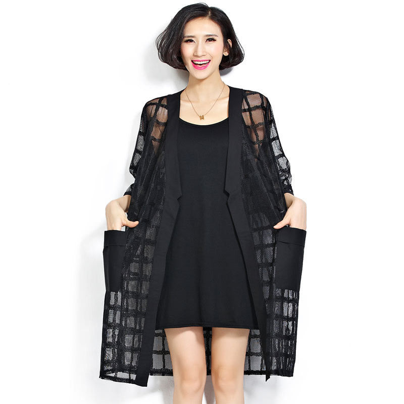 Chiffon Coat Style Fashion Women's Clothing Big Size Black Plaid Print Loose Half Sleeve Lady Long Cardigan