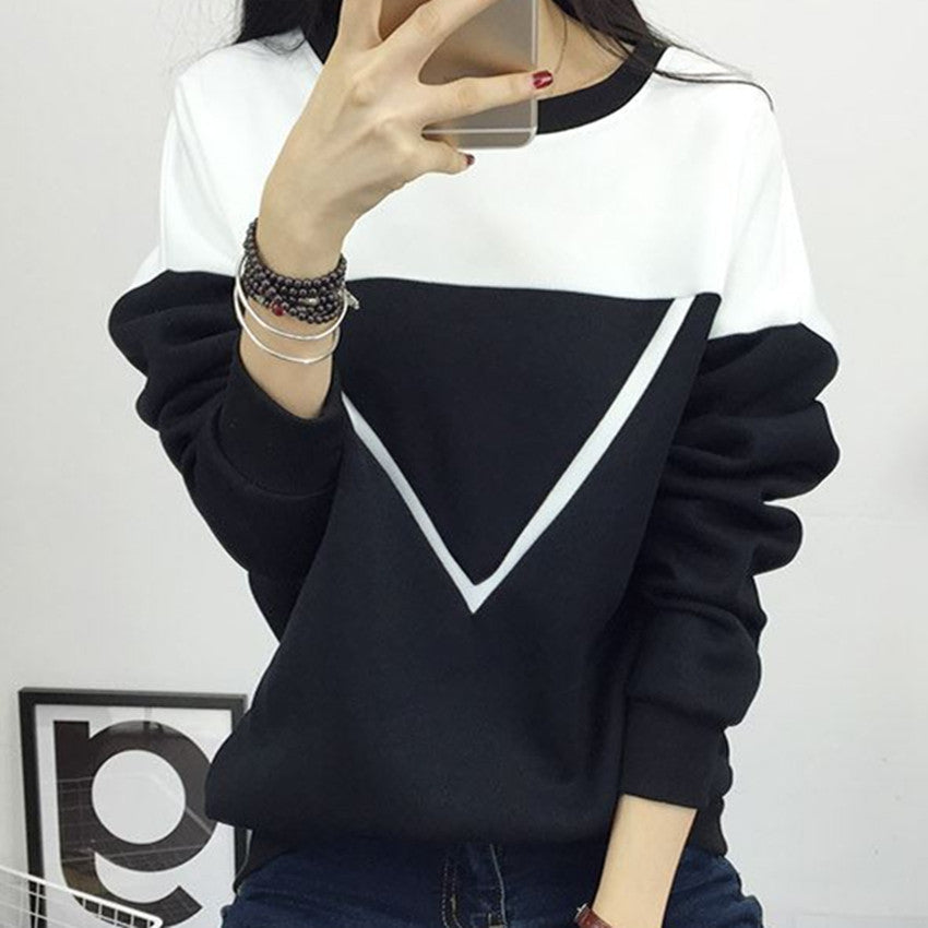Fashion Black and White Spell Color Patchwork Hoodies Women V Pattern Pullover Sweatshirt Female Tracksuit M-XXL