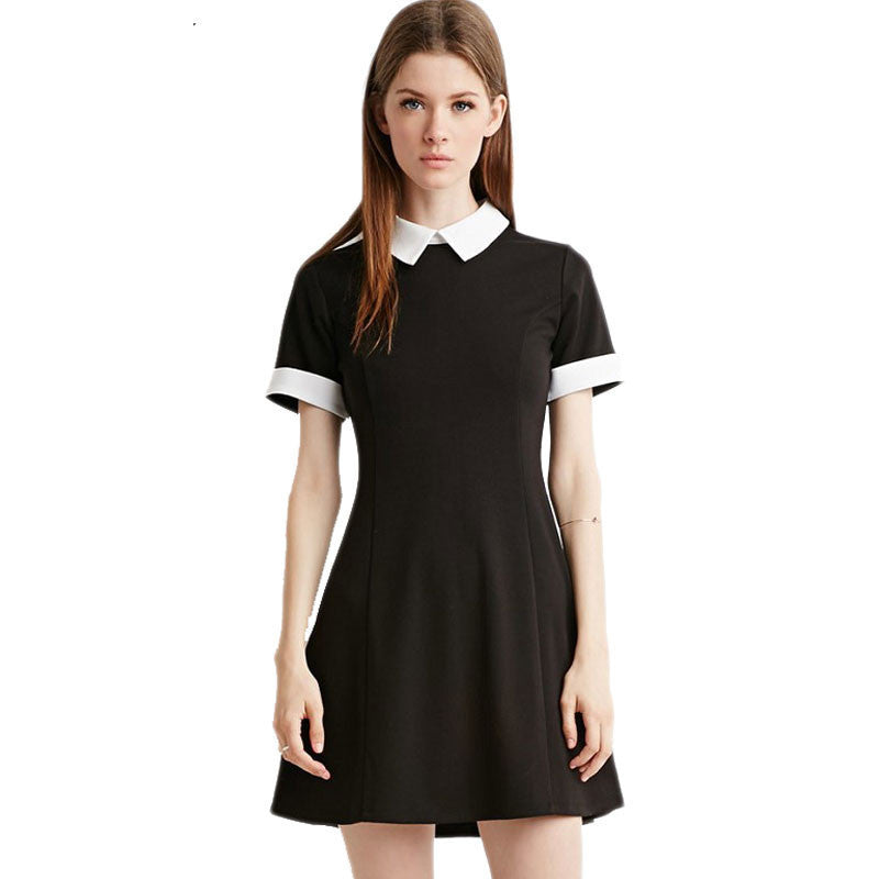 Online discount shop Australia - Black Dress White Collar Summer Cute Peter Pan Collar School Preppy Style Dresses Zipper Short Sleeve Brand Vestidos Femininos