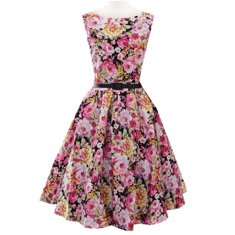 Online discount shop Australia - Dress Hepburn Style 1950s Vintage Dresses Round Neck Sleeveless Floral Print Dress With Belt