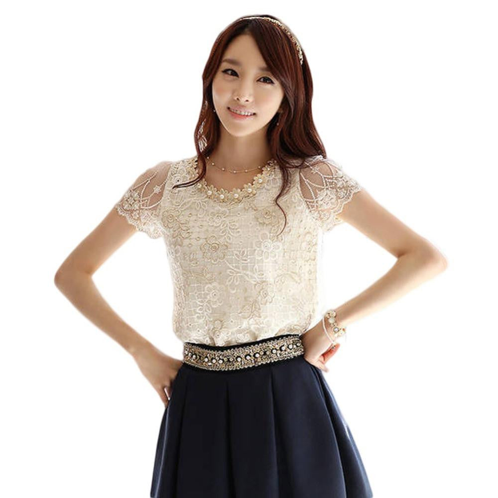 Trendy Charming Style Beading Embroidery O-neck Women's Blouses Lace Lady Tops Color White Tops