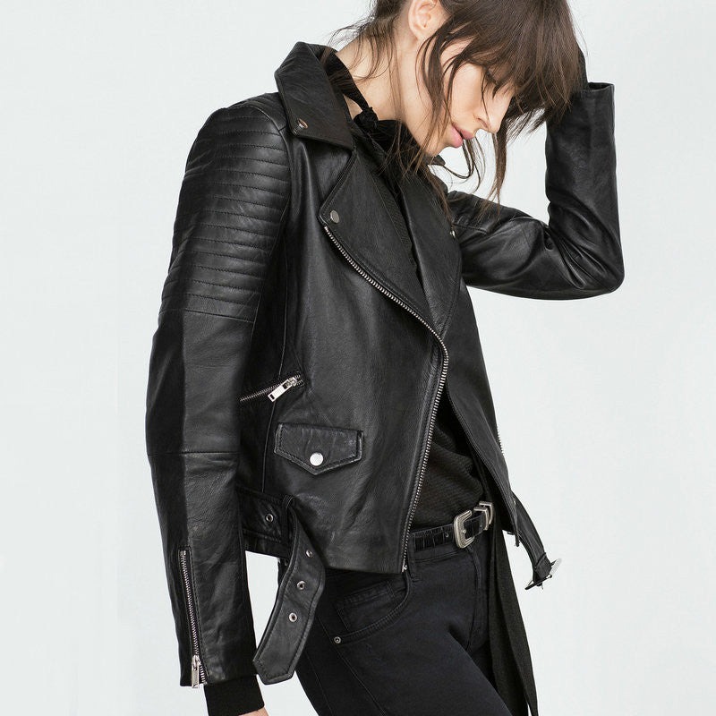 Fashion Women Faux Leather Jacket Ladies Motorcycle PU Black Long Sleeve Coat with Belt