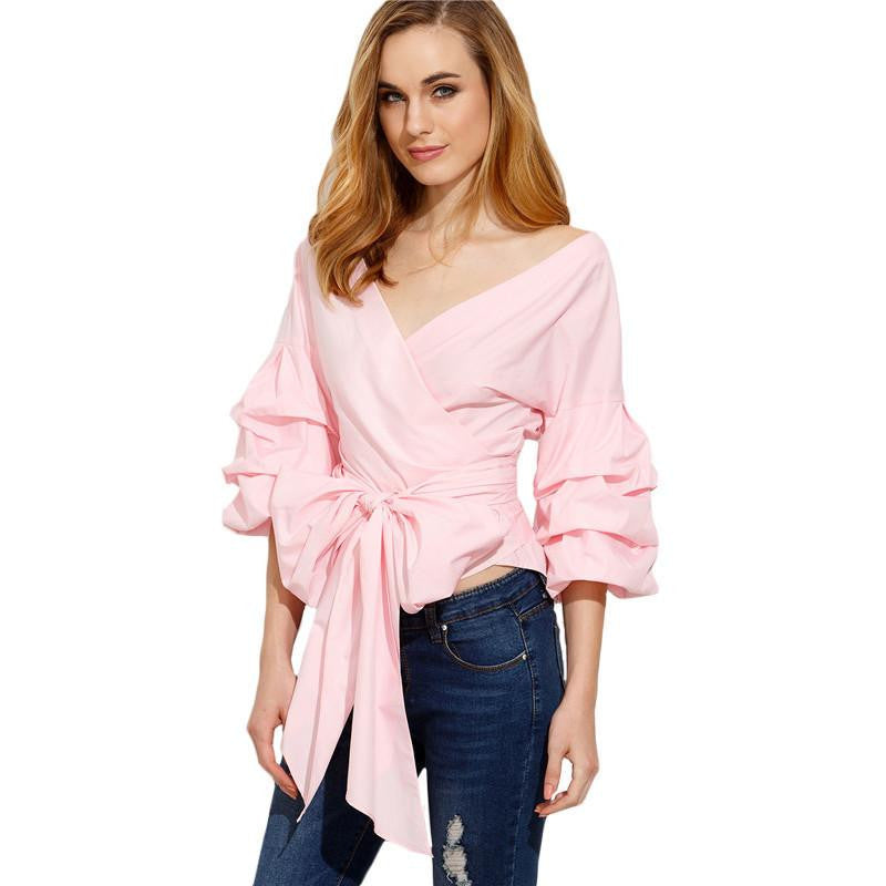 Sheinside Pink Pleated Three Quarter Length Sleeve Bow Tie Waist Shirt Vogue Clothing Women V Neck Blouse