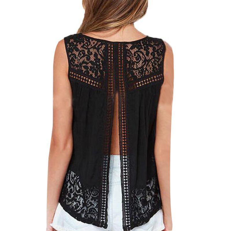 Women Chiffon Blouse Shirts Crochet Lace Vest Open Back Sleeveless Shirt Tank Tops S-4XL 1150C