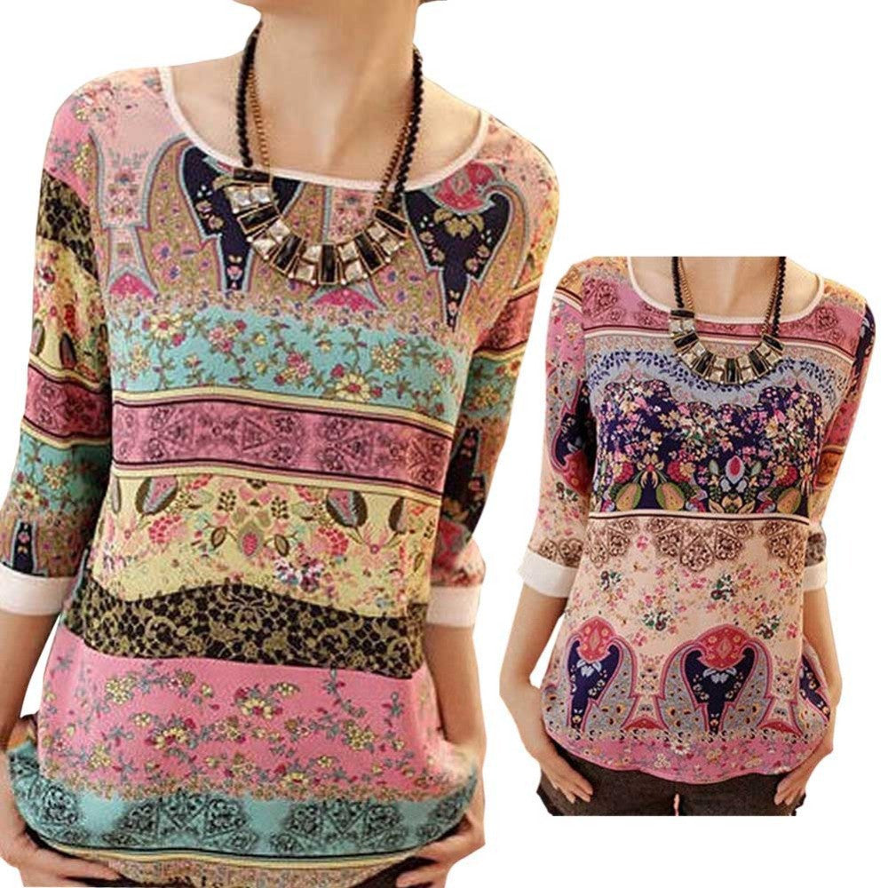 Online discount shop Australia - All Different Patterns Lace Printing Three Quarter Puff Sleeves Round-neck Loose Tops  Casual For Women Ladies Blouse HB88