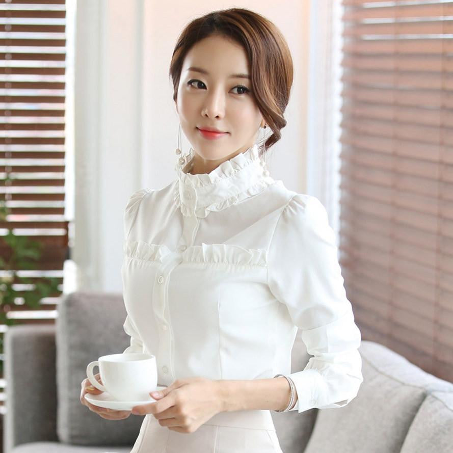 The blouse women stand collar long sleeve white shirts women's Slim wood ear shirt OL occupation plus size